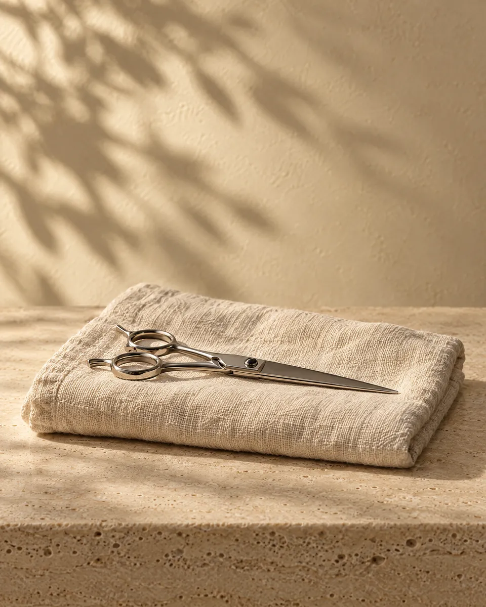 Close-up of steel hairdressing shears resting on a folded linen towel, in morning light.