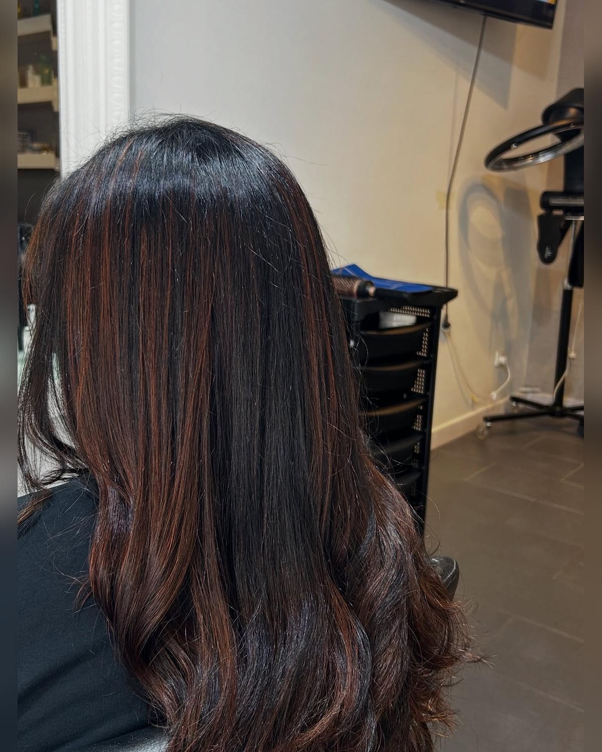 After balayage: copper-brown dimension and movement through the same length, at Akila in Oakleigh