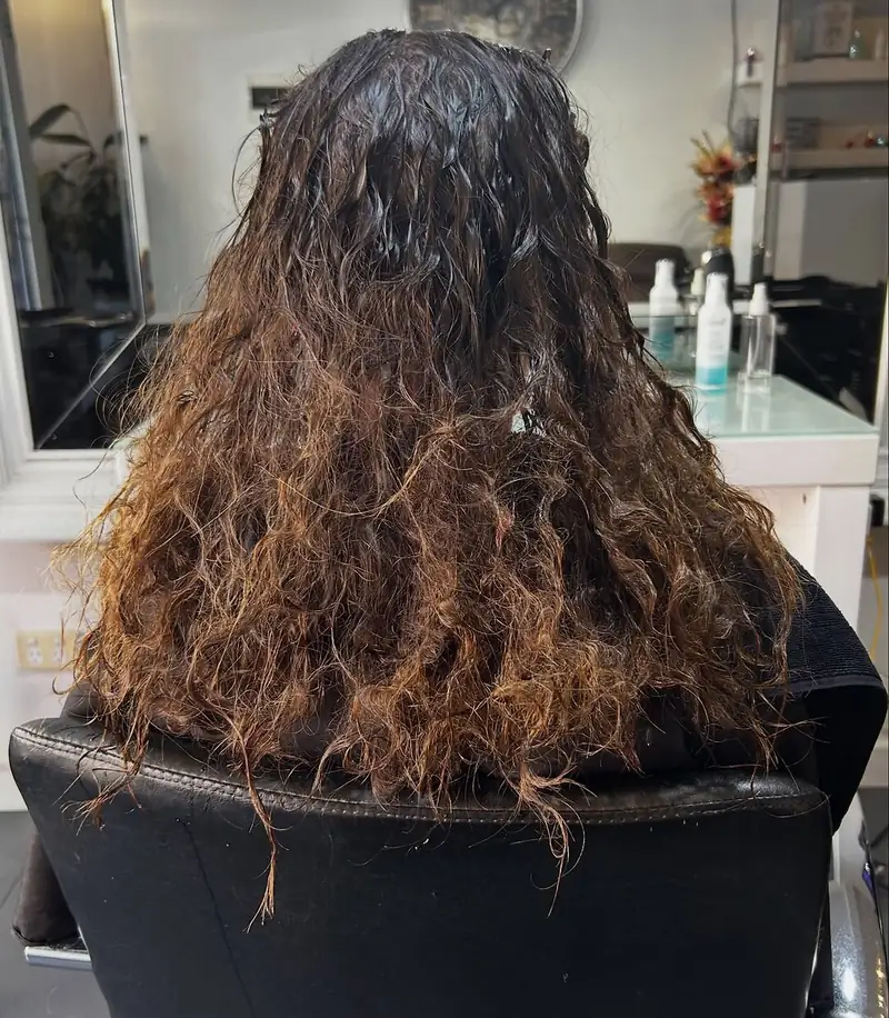 Tangled frizzy long hair before Cacau Brasil Nanoplastia at Akila Oakleigh