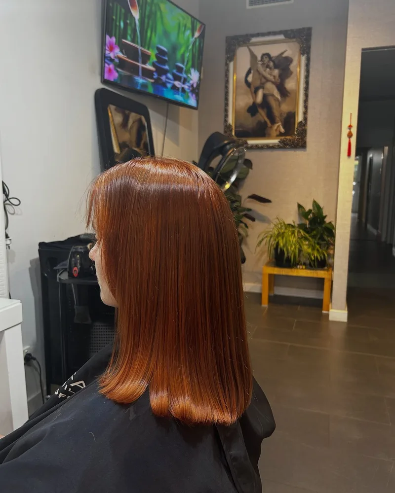 Glossy copper corrective colour result on a blunt lob at Akila in Oakleigh