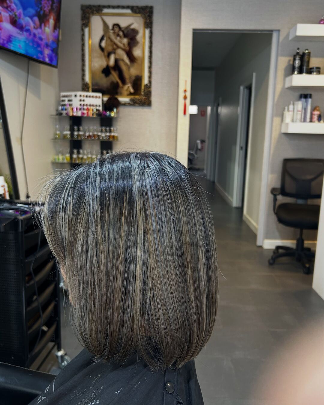 Ash-grey balayage result on a blunt bob at Akila in Oakleigh