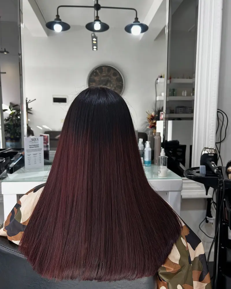Long burgundy aubergine sleek finish at Akila Hair and Beauty, Oakleigh